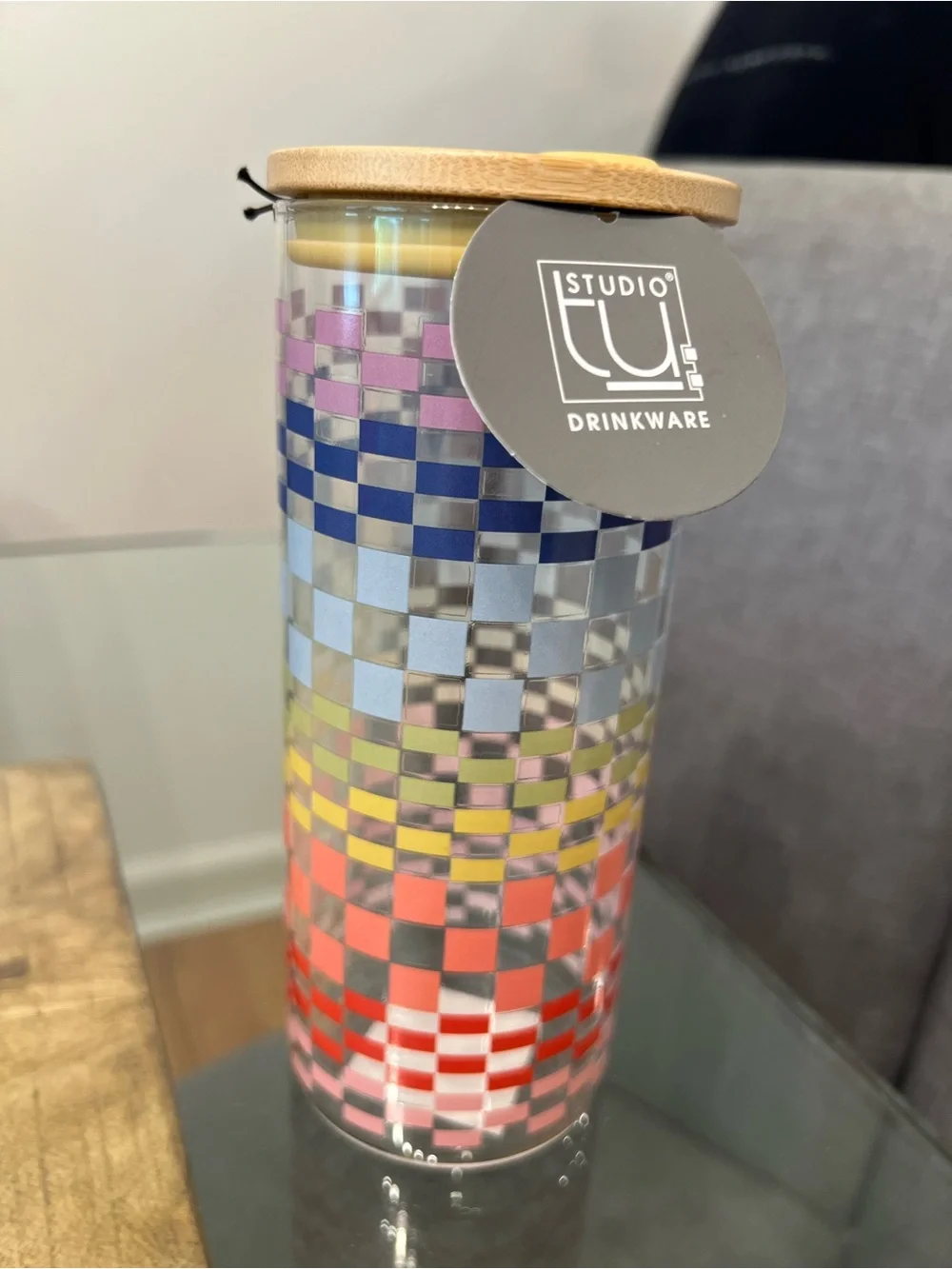 Studio Checkered Multicolor Glass Tumbler with Bamboo Lid